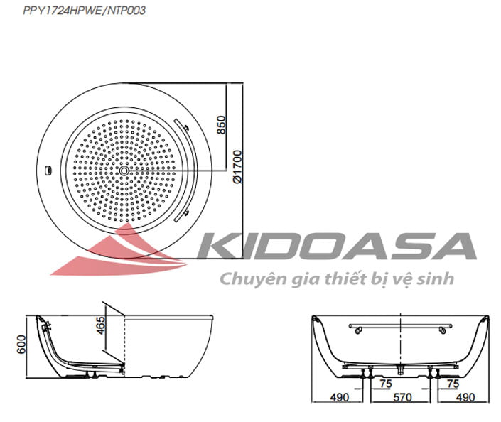 Bản vẽ kỹ thuật của bồn tắm TOTO PPY1724HPWE