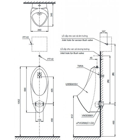Bản vẽ kĩ thuật của bồn tiểu nam TOTO UT904N#W