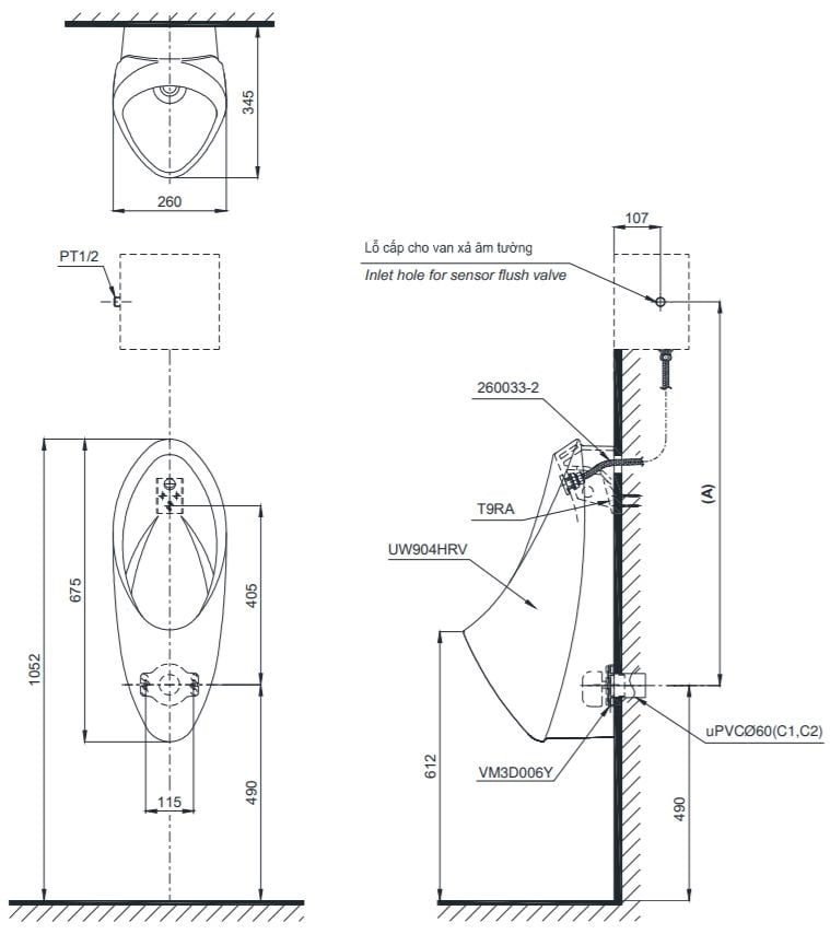 Bản vẽ kĩ thuật của Bồn tiểu nam treo tường TOTO UT904HR#XW