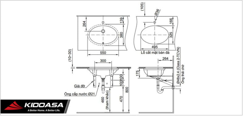 Bản vẽ kỹ thuật của sản phẩm chậu rửa mặt Inax L-2216V