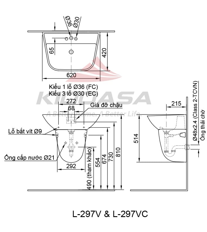 Bản vẽ kỹ thuật chậu Lavabo Inax L-297V/L-297VC