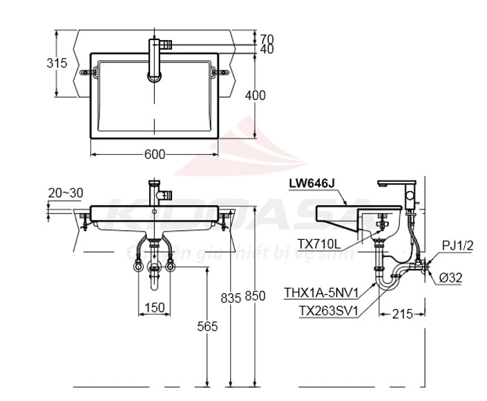 Chậu rửa mặt TOTO LW646JW/F bán âm bàn 3 Bản vẽ kỹ thuật chậu Lavabo LW646JW/F
