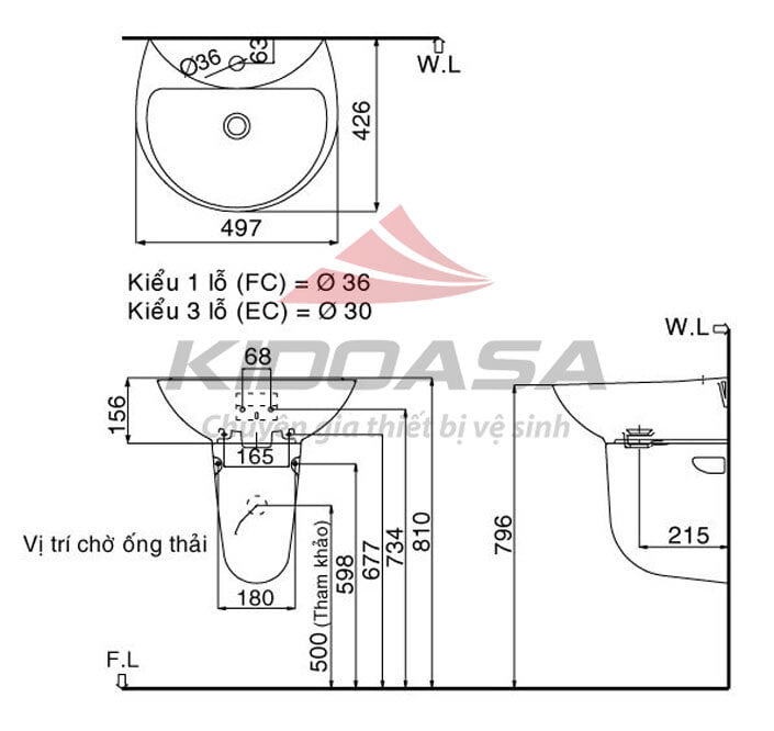 Bản vẽ kĩ thuật chậu Lavabo L-285V+L-288VC