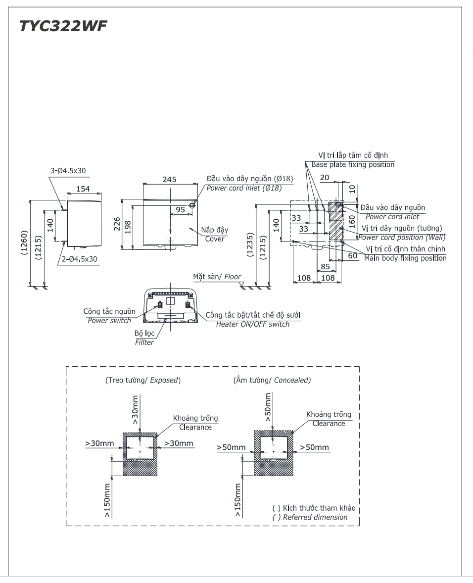 Bản vẽ kĩ thuật của máy sấy TOTO TYC322WF