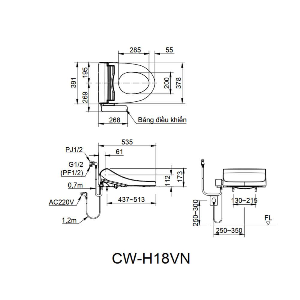 Bản vẽ kĩ thuật Nắp rửa điện tử INAX CW-H18VN