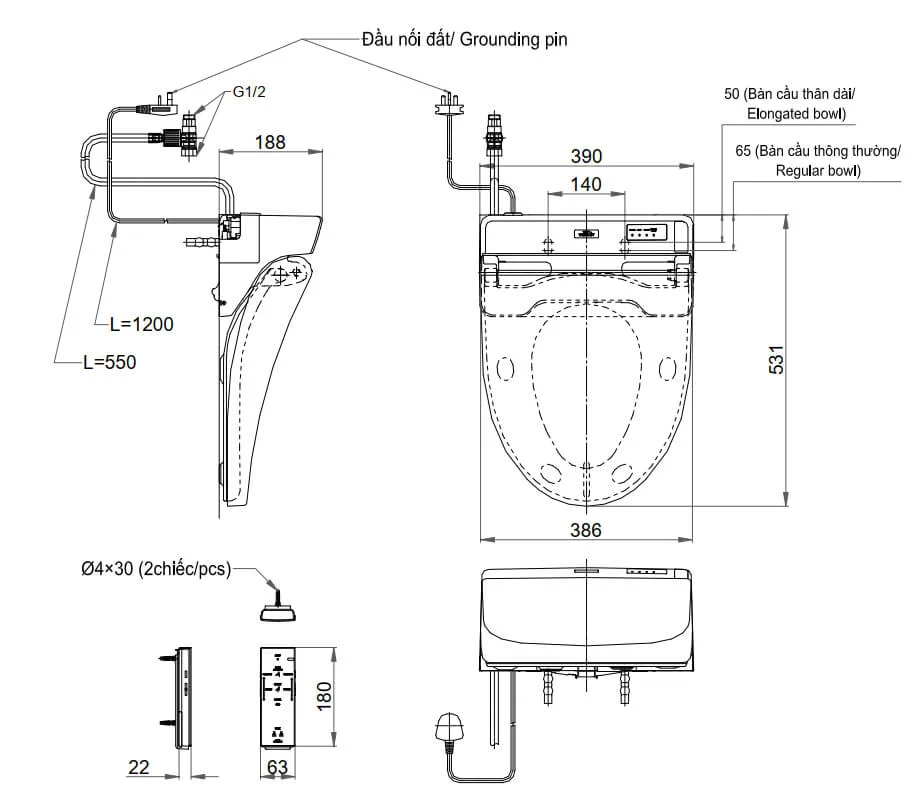 Bản vẽ kĩ thuật Nắp rửa điện tử TOTO WASHLET TCF6531Z - Điều khiển từ xa