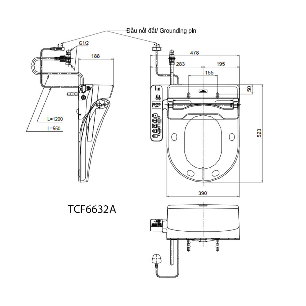 Bản vẽ kĩ thuật Nắp rửa điện tử TOTO WASHLET TCF6632A - Mũi chữ D