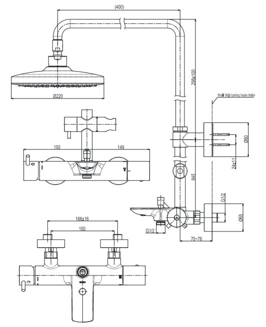 Bản vẽ kĩ thuật của Sen cây tắm nóng lạnh TOTO TBW01301AB