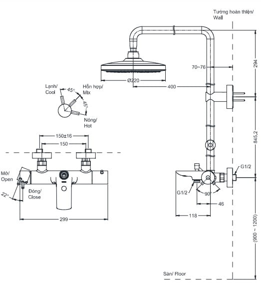 Bản vẽ kĩ thuật của Sen cây tắm nóng lạnh TOTO TBW01301BB