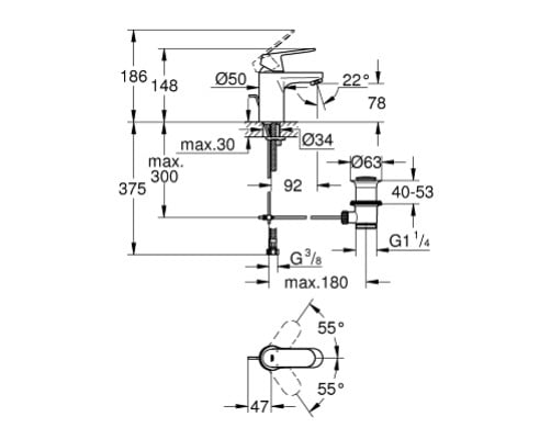 Bản vẽ kĩ thuật của Vòi chậu nóng lạnh Eurosmart Cosmopolitan 32825000