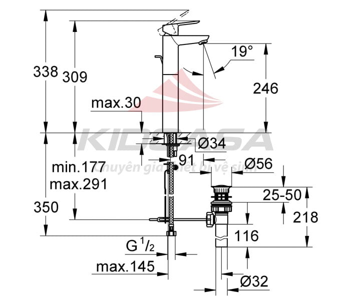 Bản vẽ kỹ thuật vòi lavabo Grohe 32860000