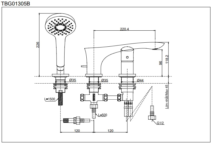 Bản vẽ kĩ thuật của Vòi xả bồn nóng lạnh kèm sen tắm TOTO TBG01305B