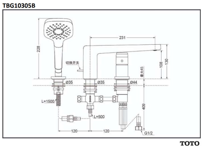 Bản vẽ kĩ thuật của Vòi xả bồn tắm TOTO TBG10305B