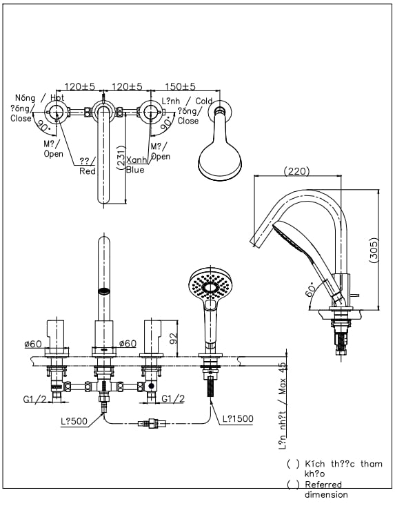 Bản vẽ kĩ thuật Vòi xả bồn tắm TOTO TBG11202A