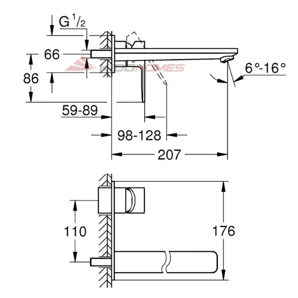 Thông số kỹ thuật của vòi lavabo nóng lạnh 2 lỗ treo tường GROHE Lineare L 23444001
