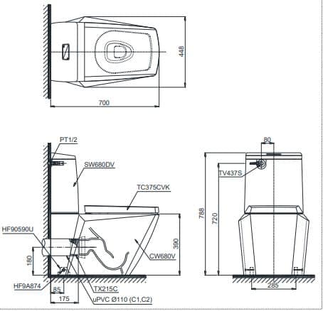 Bản vẽ kỹ thuật của bồn cầu treo tường TOTO CW522EA/TCF803CZ/WH172AT