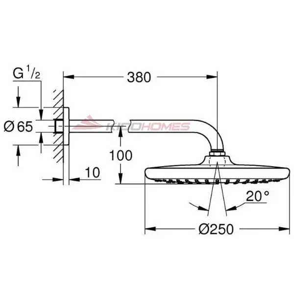 Bản vẽ kỹ thuật của bát sen treo tường GROHE 26663000 Tempesta 250