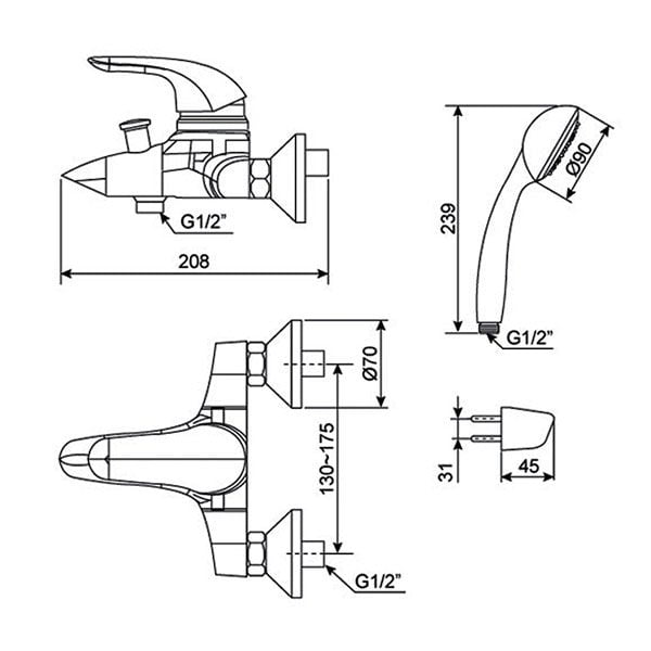 Bản vẽ kỹ thuật bộ sen tắm American Standard WF-1511