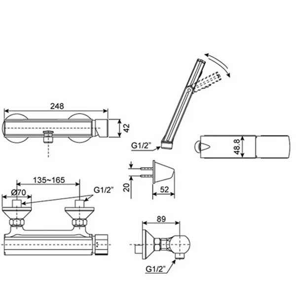 Bản vẽ kỹ thuật bộ sen tắm American Standard WF-2712