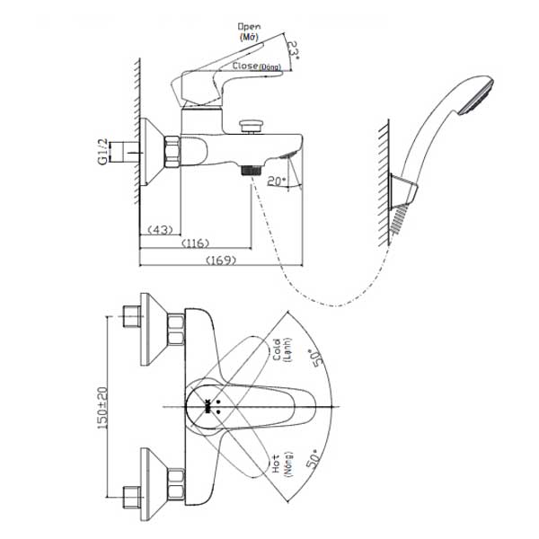 Bản vẽ kỹ thuật bộ sen tắm Inax BFV-1113s-4C