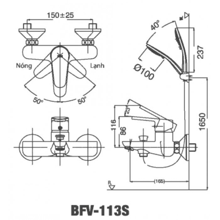 Bản vẽ kỹ thuật bộ sen tắm Inax BFV-113S