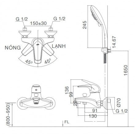 Bản vẽ kỹ thuật bộ sen tắm Inax BFV-3003S-1C