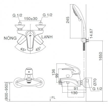 Bản vẽ kỹ thuật bộ sen tắm Inax BFV-3003S-1C