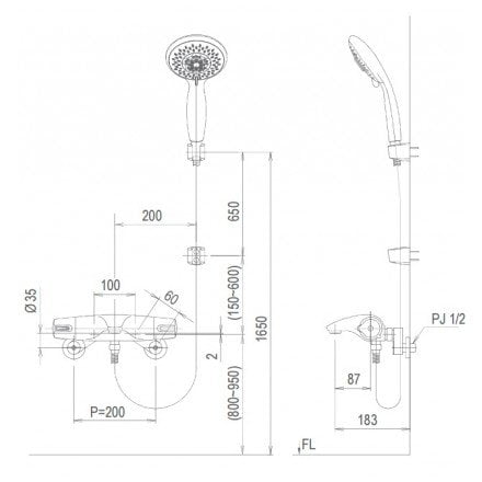 Bản vẽ kỹ thuật bộ sen tắm Inax BFV-5103T-3C