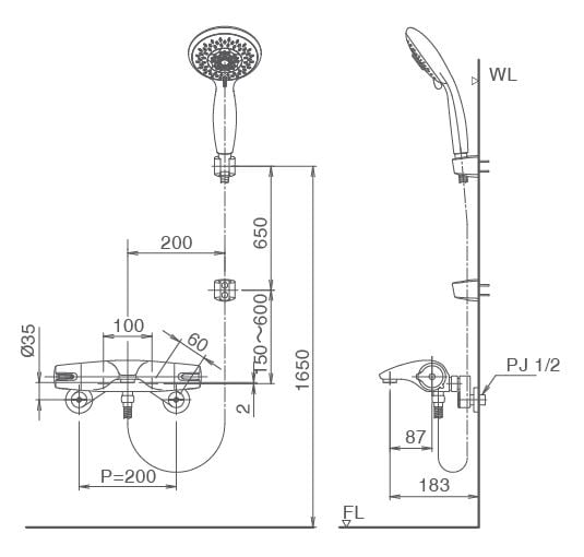 Bản vẽ kỹ thuật bộ sen tắm Inax BFV-5103T-5C