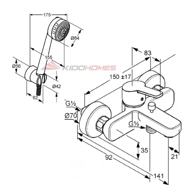 Bản vẽ kỹ thuật của bộ sen tắm Kludi 376810575/6075005-00