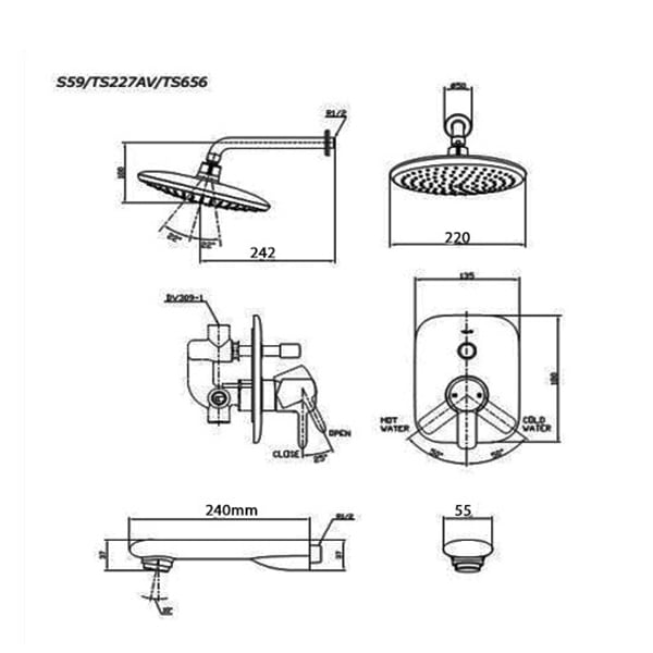 Bản vẽ kỹ thuật bộ sen tắm TOTO S59/TS227AV/TS656
