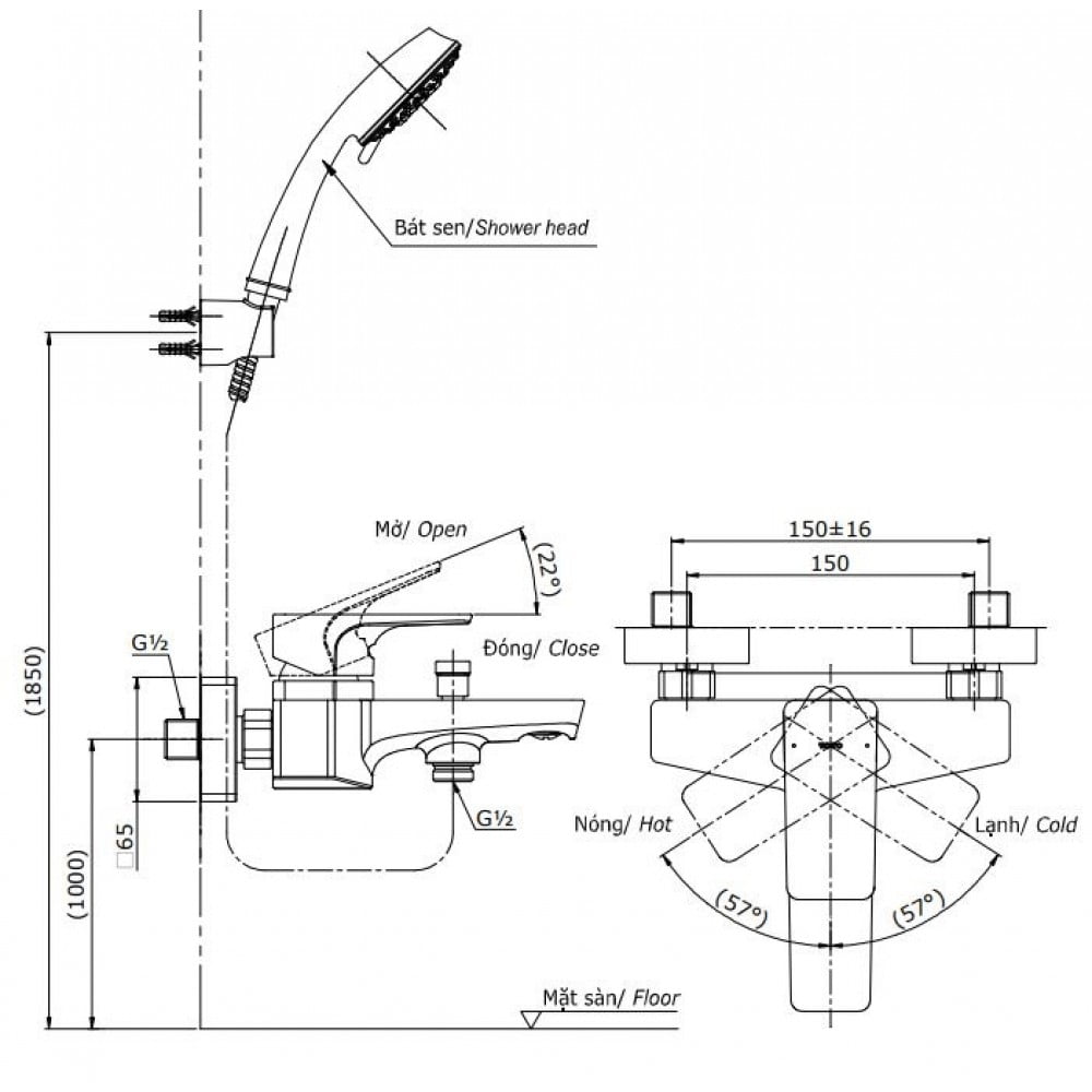 Bản vẽ kỹ thuật bộ sen tắm TOTO TBG07302V/TBW02006A