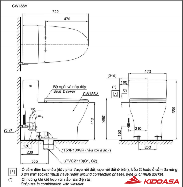 Bồn cầu 1 khối TOTO MS188VKW7#XW/T53P100VR nắp rửa điện tử - Ảnh 2