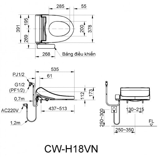 Bản vẽ kỹ thuật bồn cầu Inax AC-22P+CW-H18VN 