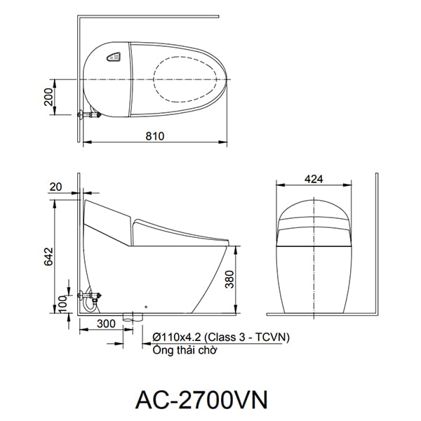 Bản vẽ kỹ thuật bồn cầu Inax AC-2700+CW-KA22AVN 