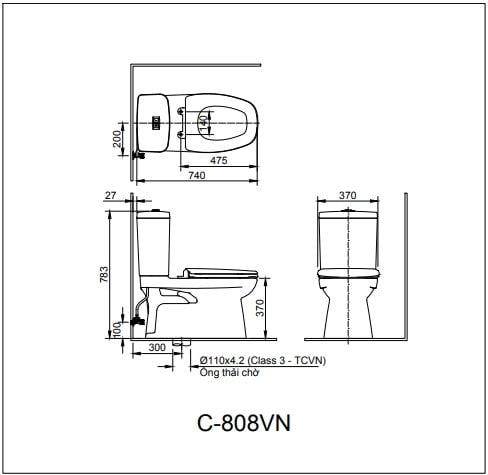 Bản vẽ kỹ thuật bồn cầu Inax AC-808VN 