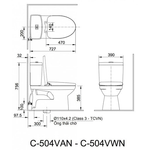 Bản vẽ kỹ thuật bồn cầu Inax C-504A+CW-H18VN 
