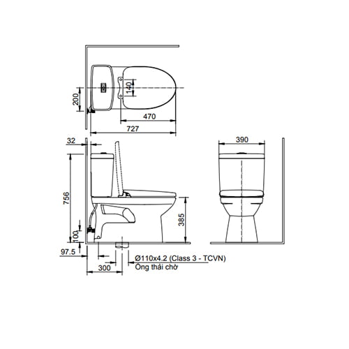 Bản vẽ kỹ thuật bồn cầu Inax C-504VWN