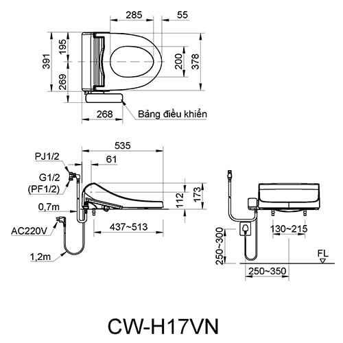 Bản vẽ kỹ thuật bồn cầu Inax CW-H17VN 