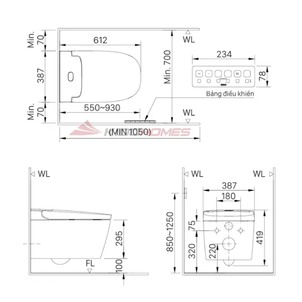 Thông số kỹ thuật của bàn cầu điện tử treo tường INAX AC-820VN