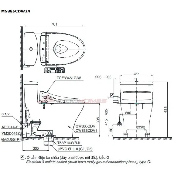 Bản vẽ kỹ thuật của bồn cầu TOTO MS885DW24#XW