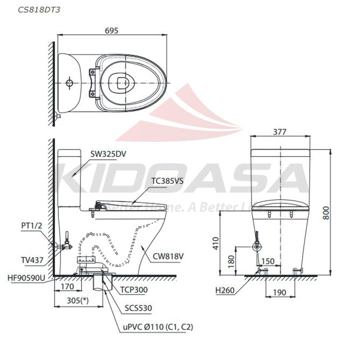 bản vẽ kỹ thuật bồn cầu TOTO CS818DT3