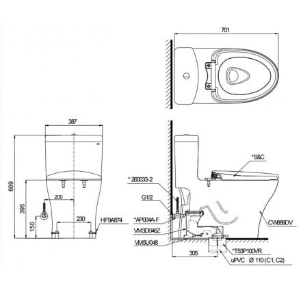 bản vẽ kỹ thuật bồn cầu toto MS855DW7