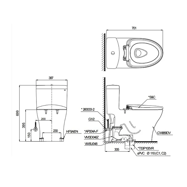 bản vẽ kỹ thuật của bồn cẩu TOTO MS885DW6