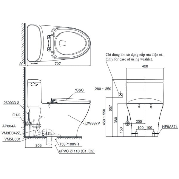bản vẽ kỹ thuật của bồn cầu TOTO MS887RW6