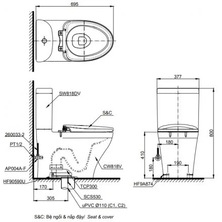 Bản vẽ kỹ thuật bồn cầu TOTO CS325DRT8