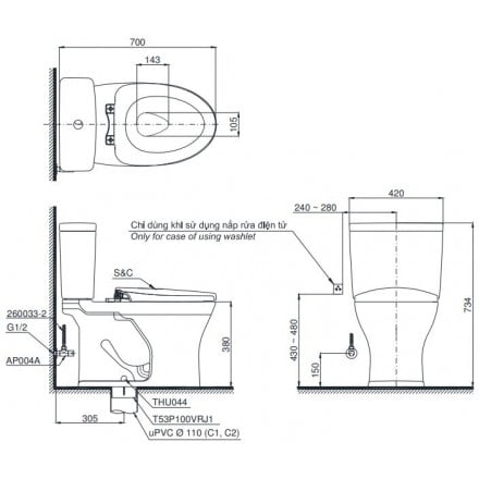 Bản vẽ kỹ thuật bồn cầu toto CS735DT2 Bản vẽ kỹ thuật bồn cầu toto CS735DT2