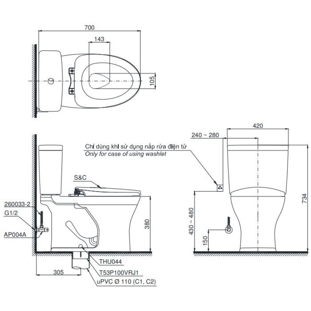 Bồn cầu 1 khối TOTO CS735DT8 nắp đóng êm 2 Bản vẽ kỹ thuật bồn cầu TOTO CS735DT8