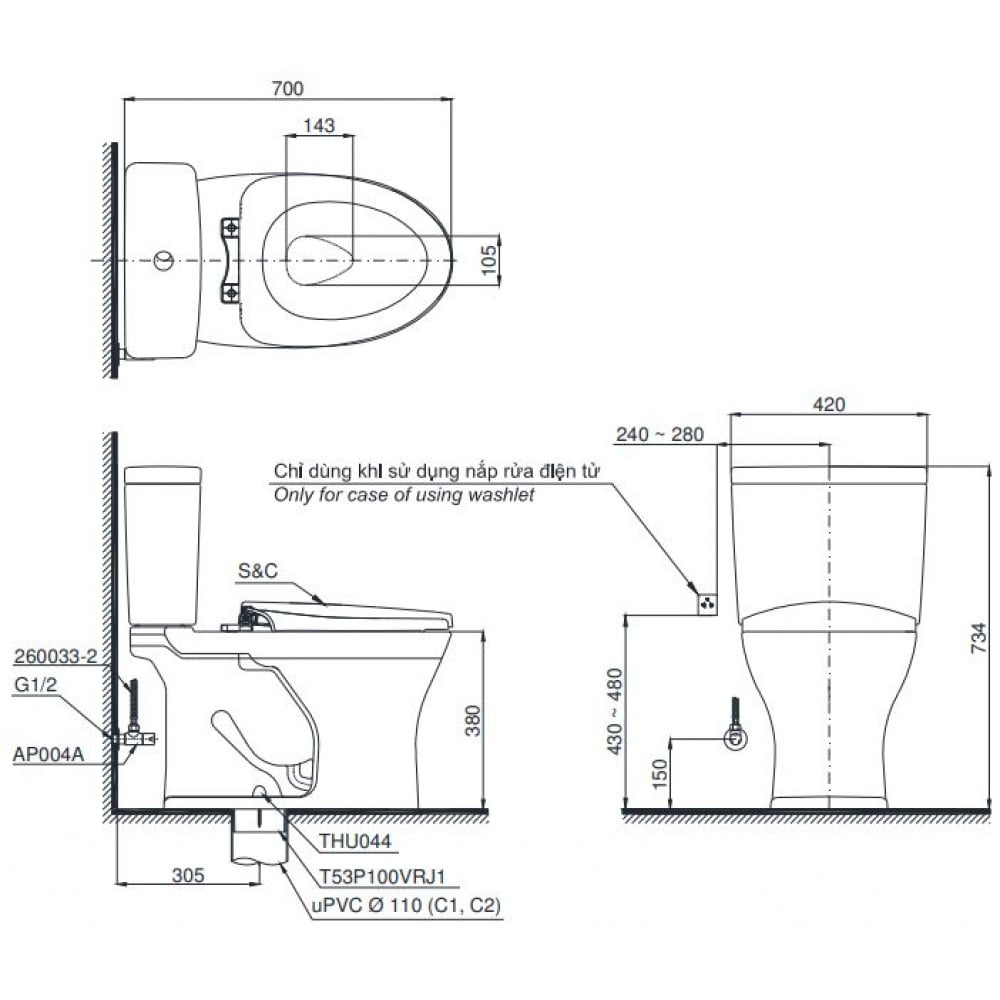 Bản vẽ kỹ thuật bồn cầu TOTO CS735DW7