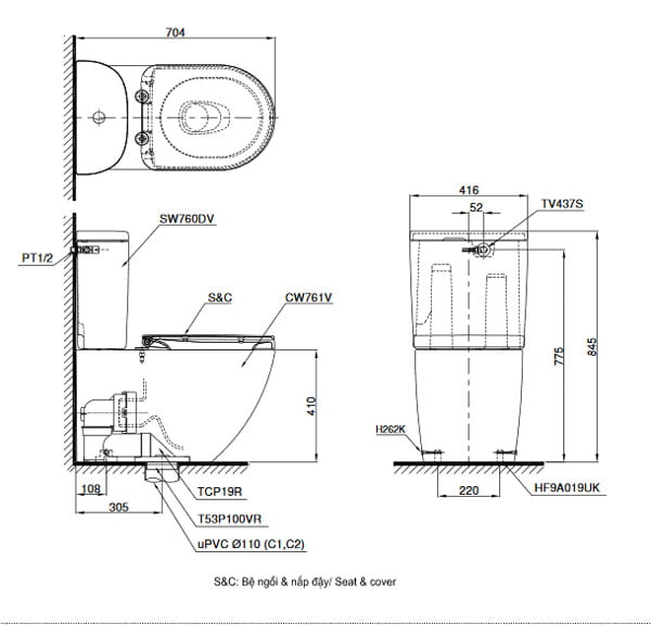Bản vẽ kỹ thuật bồn cầu TOTO CS761DE5 